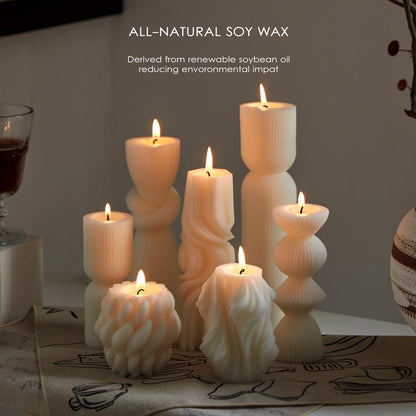 7-Pack Pillar Candles - Soy Wax Handmade Ribbed Candles for Home Decor, Housewarming Gift, Shelf & Table Decor - Aesthetic Modern Candles Set (White)