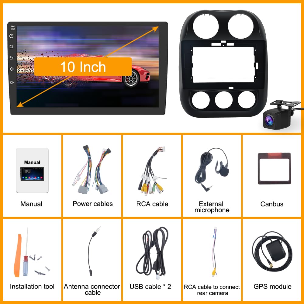 Junsun 4G+64G 10 inch Touch Screen Car Radio Stereo for Jeep Compass Patriot 2010-2016 Android 13 CarPlay Android Auto Bluetooth with GPS Navigation