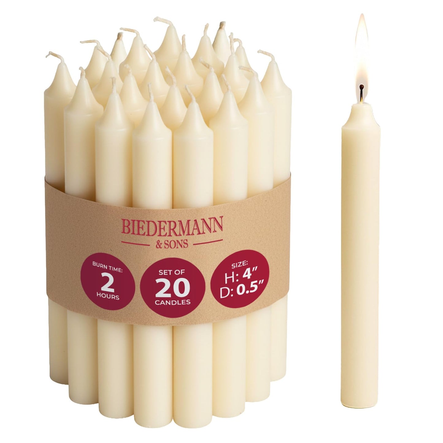 Biedermann & Sons Ivory Chime Candles (20 Count), Unscented Dripless Tapers, 4 Inch Tall 0.5 Inch Diameter, 2 Hour Long Burning Paraffin Wax, for Angel Chime Carousels and Holders