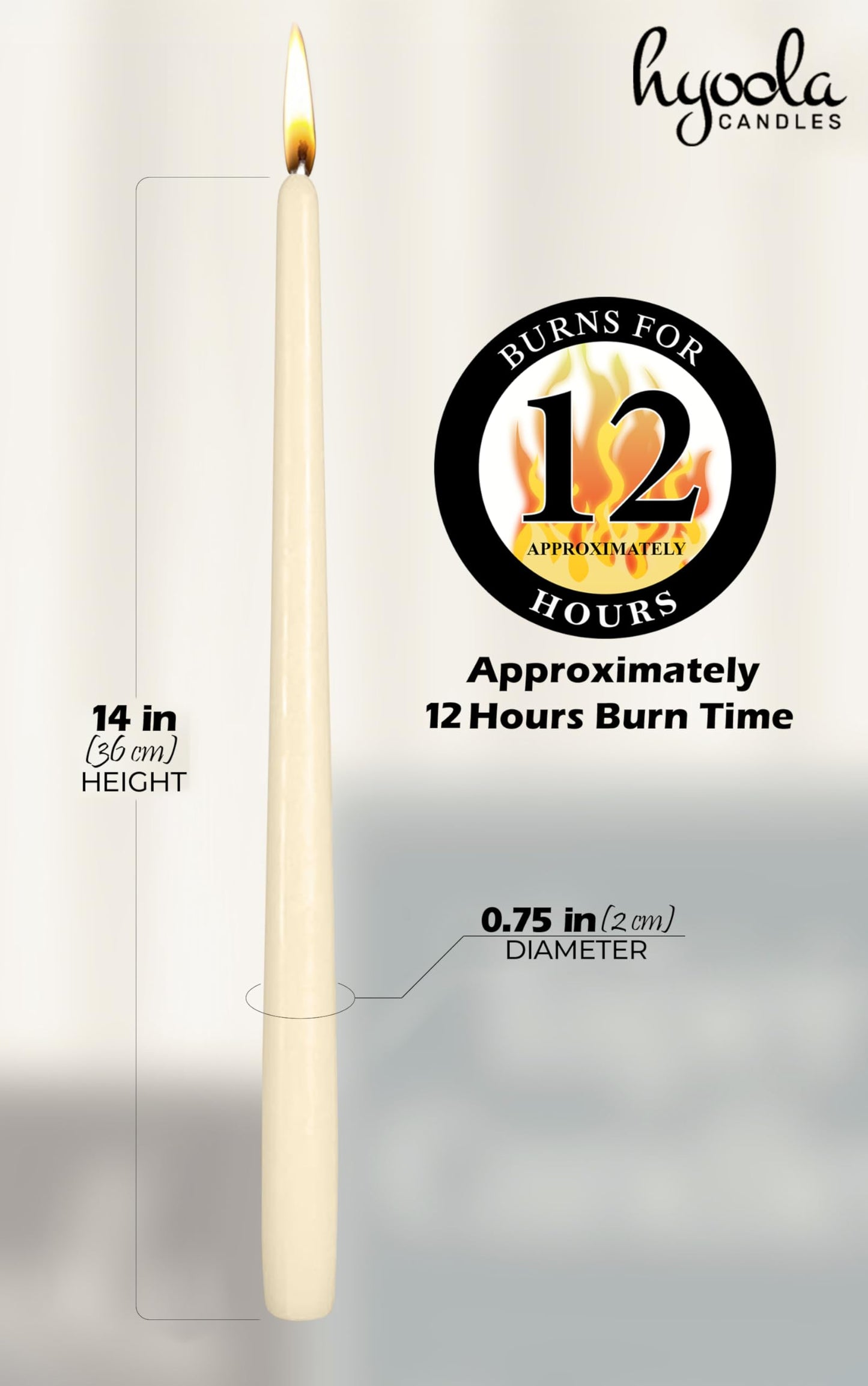 Hyoola 12 Pack Tall Taper Candles - 14 Inch Woolwhite Dripless, Unscented Dinner Candle - Paraffin Wax with Cotton Wicks - 12 Hour Burn Time