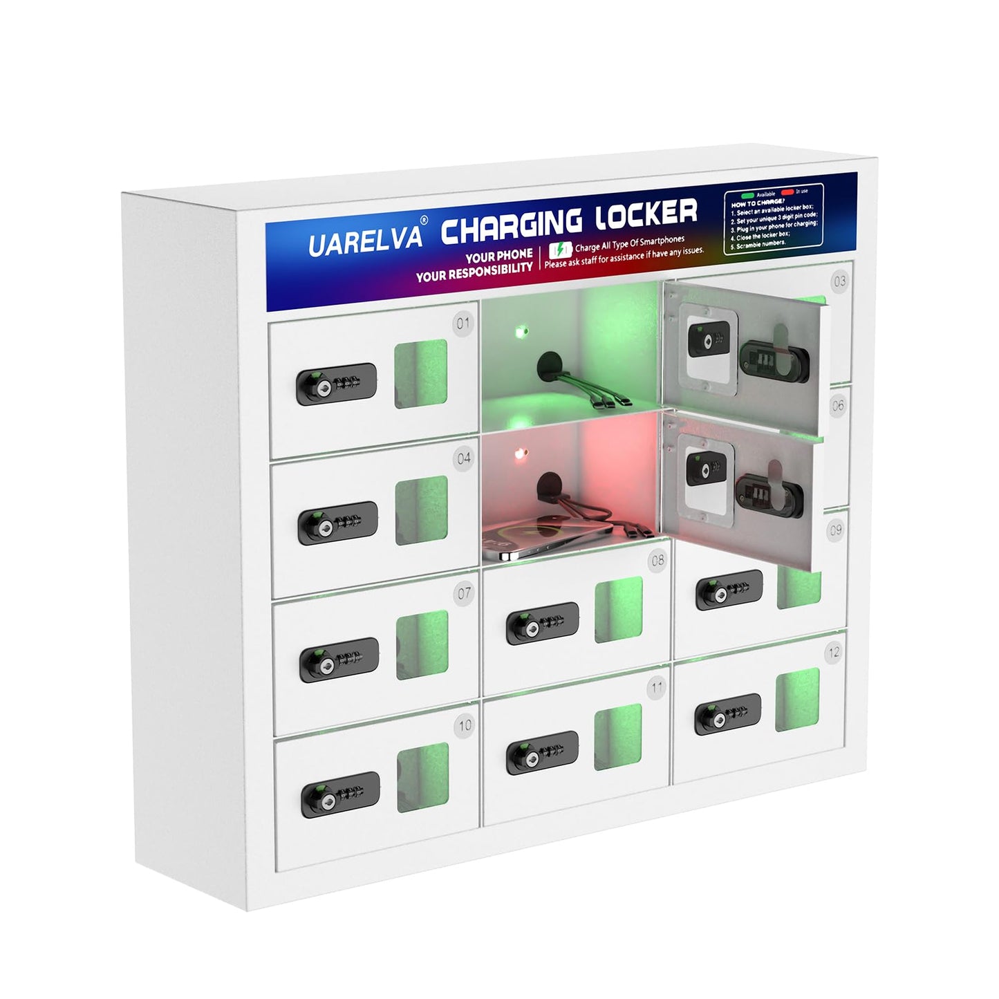 UARELVA Metal Locker 12 Slots Storage Cabinet with Password Lock | Cell Phone Charging Station Locker | White Steel Storage Lockers for Employees,Schools,Hotel,Library,Gym