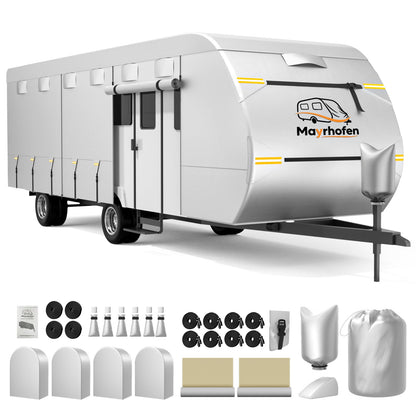 600D Oxford Fabric RV Cover 35-38ft Travel Trailer Cover, 6 Layers Breathable Waterproof Rip-Stop Camper Cover with Adhesive Repair Patches, Gutter, Tire & Additional Straps