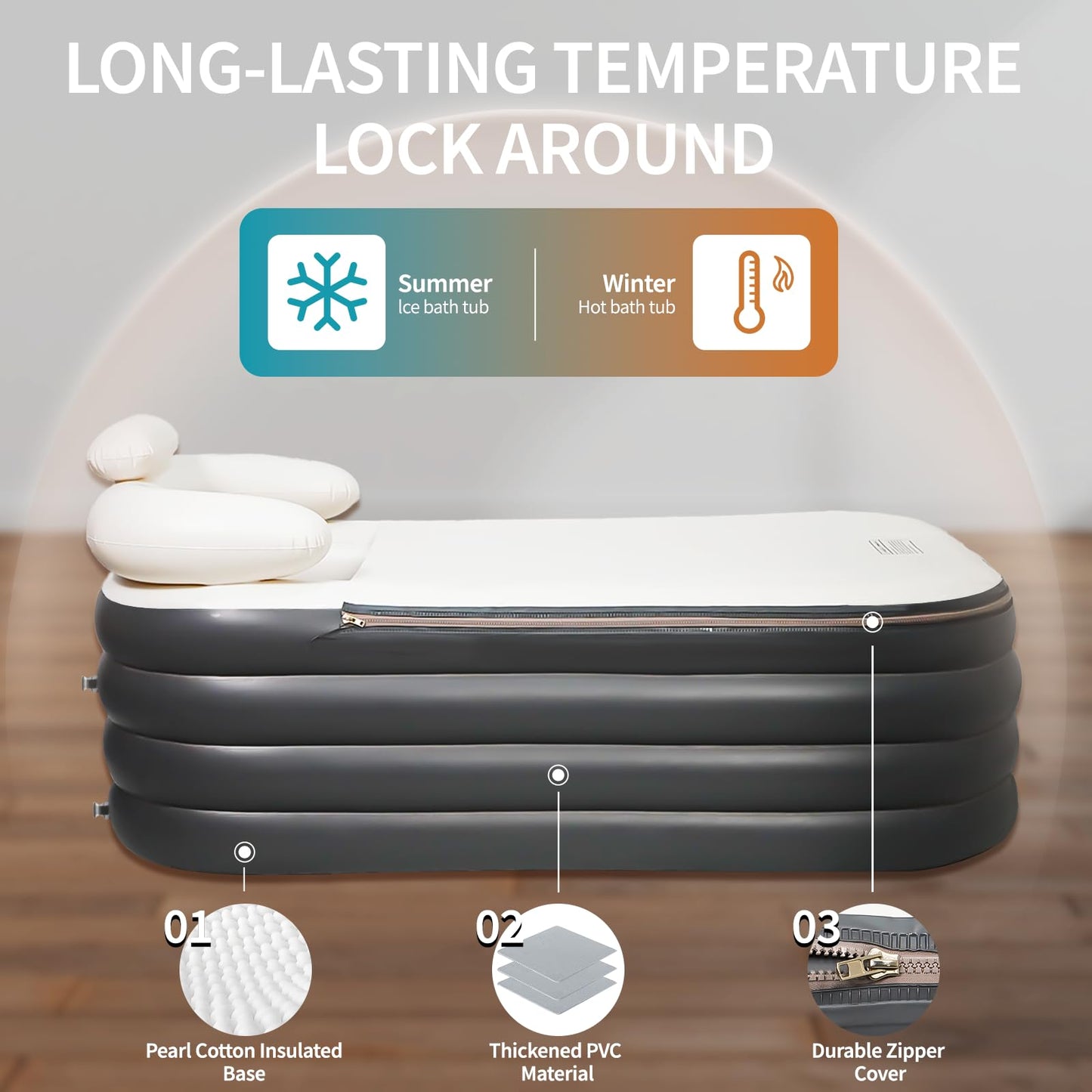 Crossing King Inflatable Bathtub, Portable Bathtub Adult with Electric Air Pump, Freestanding Foldable Spa Tub with Backrest Cup Holder for Indoor Outdoor, Easy to Inflate＆Drain (Gray)