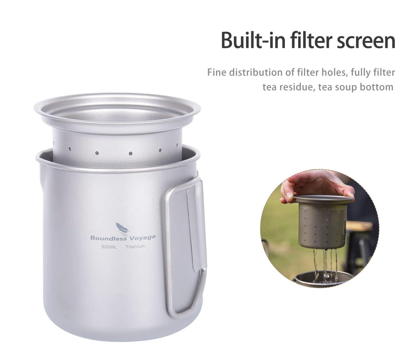 Boundless Voyage Titanium Camping Coffee Pot 1500ml Barista Kettle for Making Coffee, Boiling Water - Outdoor Traveling Campfire Stovetop Fast Brew (Kettle+3 Cups Set)