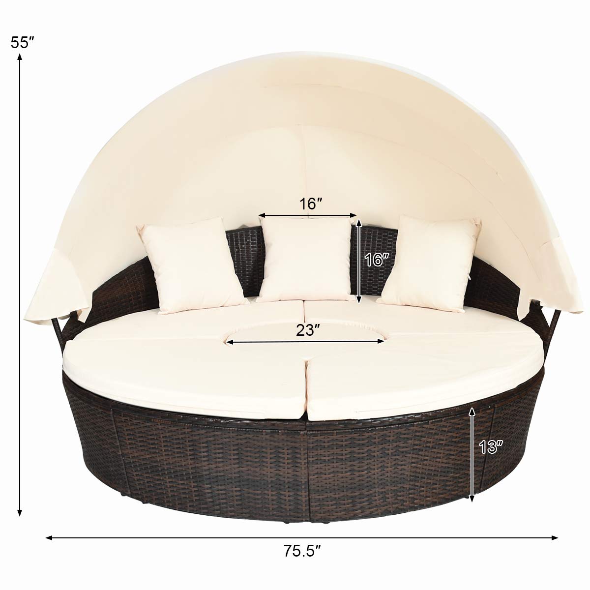 COSTWAY Patio Round Daybed with Retractable Canopy, Wicker Furniture Sectional Couch with Separate Cushioned Seats, Adjustable Table Top, Patio Rattan Daybed Sofa for Backyard, Poolside, White