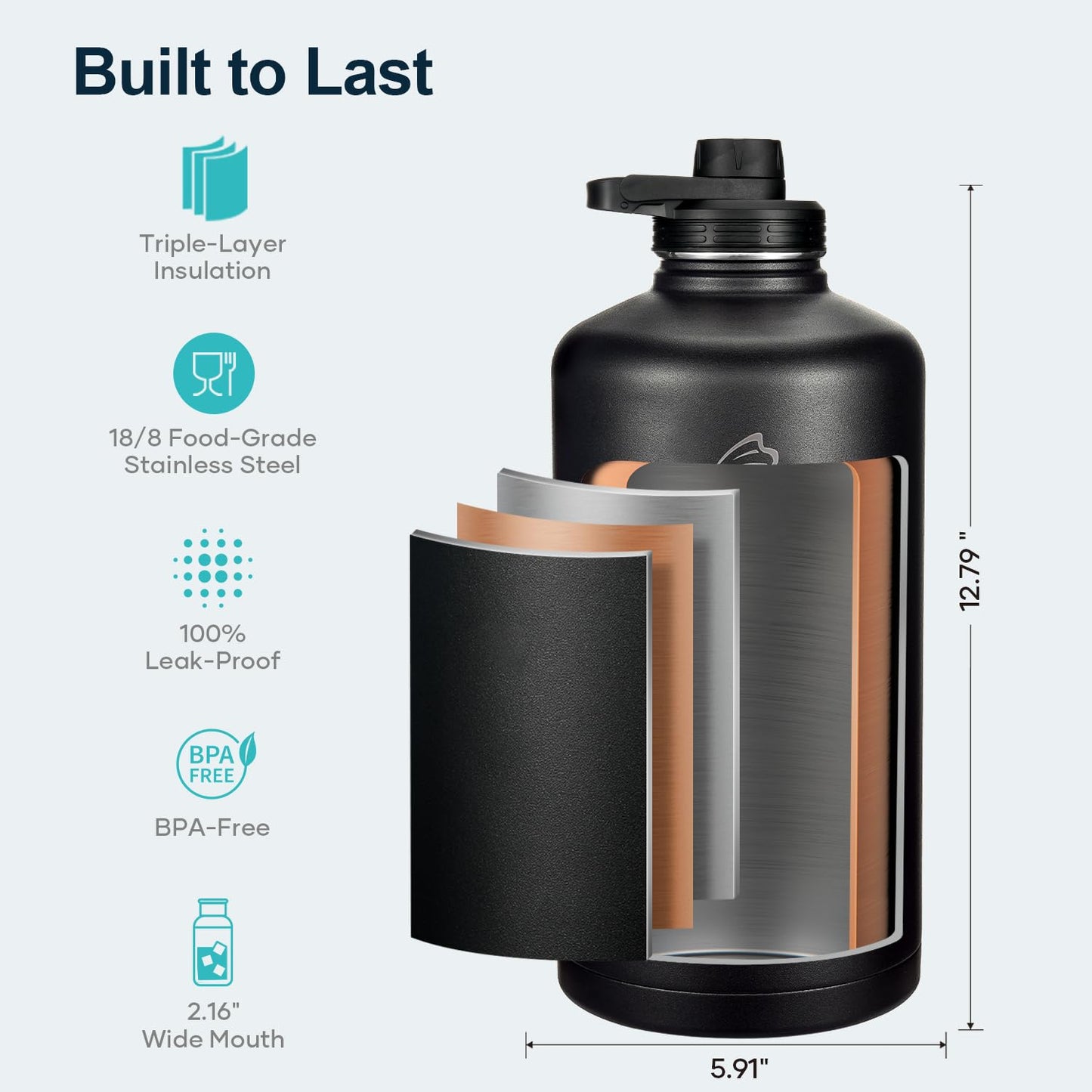BUZIO Gallon Water Bottle Insulated with straw, 7 L Insulated Ice Bucket with Lid and Scoop & Tongs for Parties, Double Wall Vacuum Stainless Steel, Holds 6 Longnecks or 3 Wine Bottles, Large Beverage