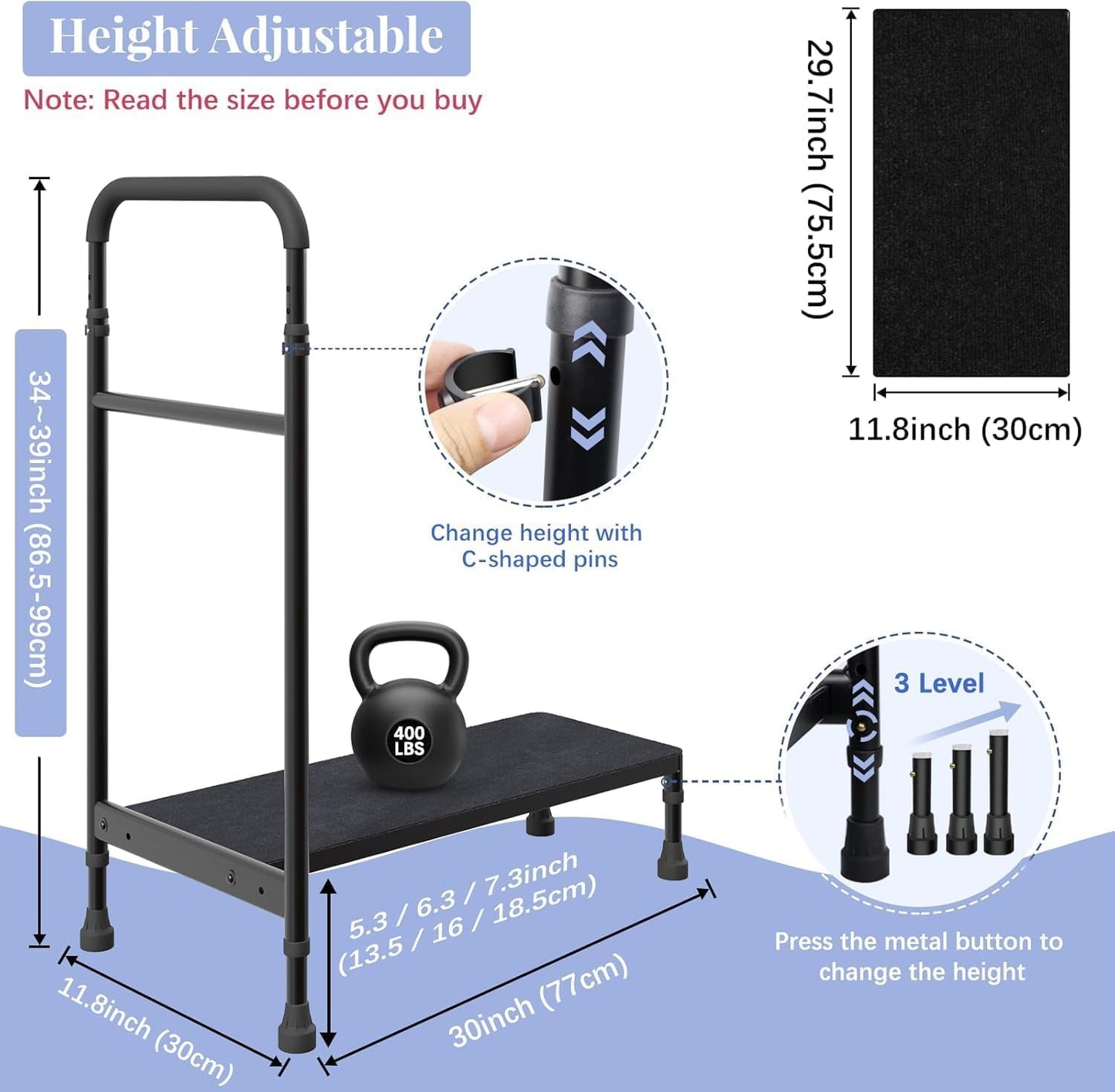 Zylorix 30.5'' Long Bedside Step Stool with Handle for Elderly Seniors Adults, Elderly Bed Step with Adjustable Height Handrails, Heavy Duty Bed Steps for High Beds, Bedside, Bathtub, Step, SUV