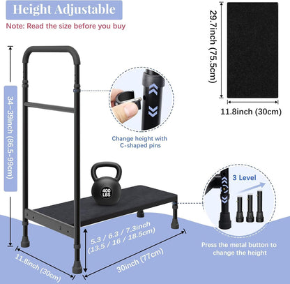 Zylorix 30.5'' Long Bedside Step Stool with Handle for Elderly Seniors Adults, Elderly Bed Step with Adjustable Height Handrails, Heavy Duty Bed Steps for High Beds, Bedside, Bathtub, Step, SUV