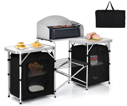 GYMAX Folding Camping Table, Portable Kitchen Table with 2 Zipper Organizer Shelf & Wind Screen, Foldable Cooking Table for Camping Hiking Picnic BBQ (Black)