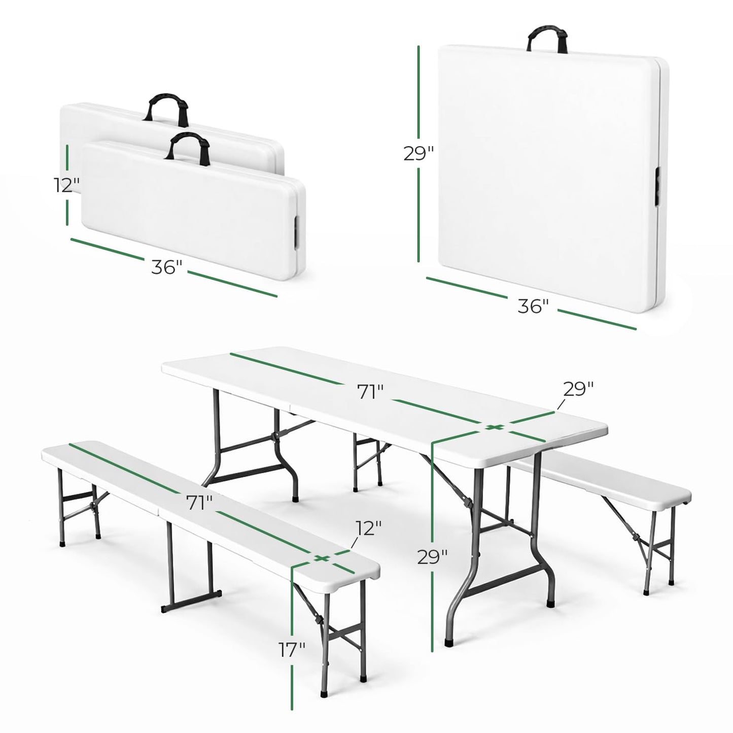 EconoHome 6 Ft White Plastic Folding Table Set with 2 Benches – Heavy-Duty Picnic Table & Bench Set, Space-Saving, Indoor/Outdoor, Seats 6-8, Easy Storage & Transport