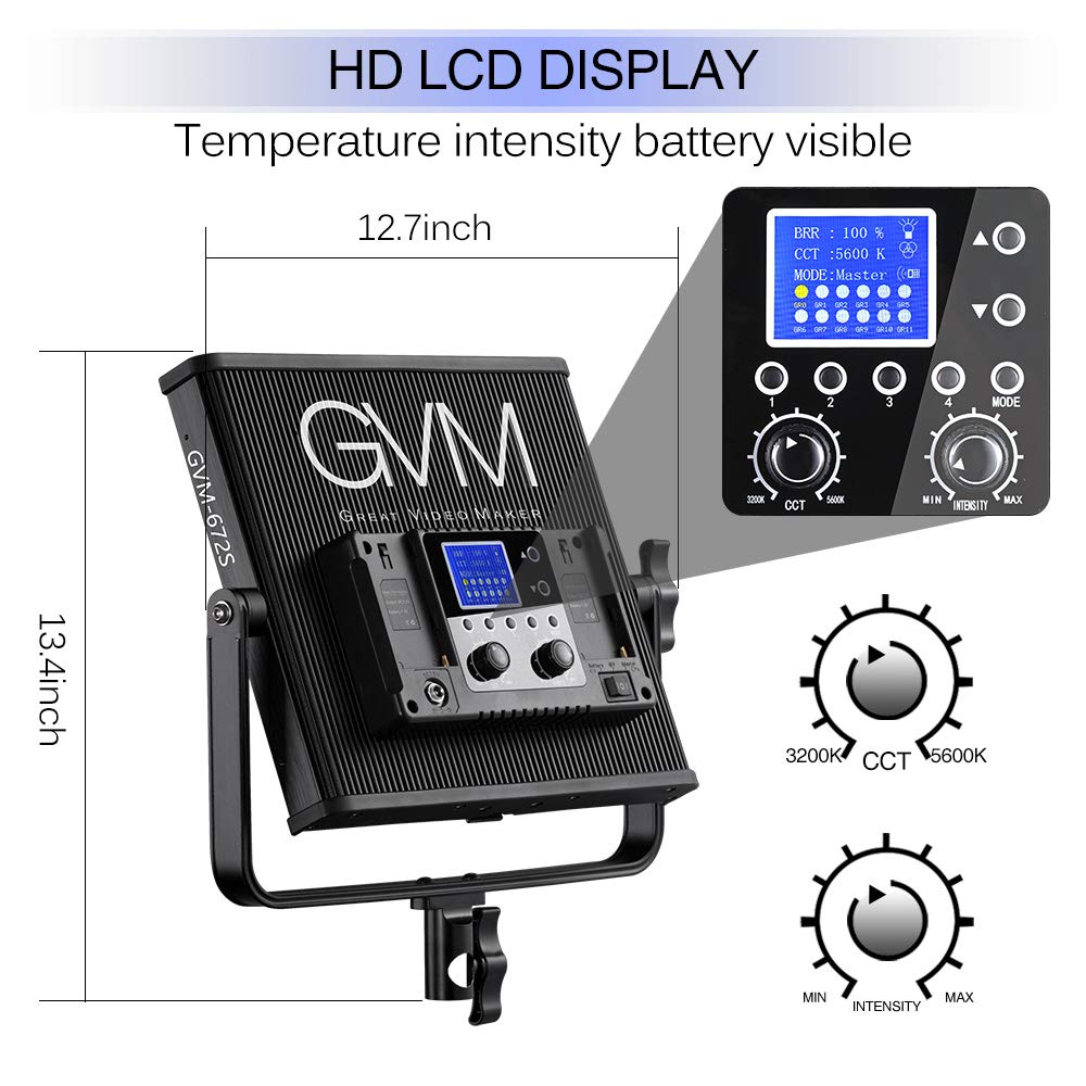 LED Video Light GVM 672S CRI97+ TLCI97+ 22000lux Dimmable Bi-color 3200K-5600K Light Panel With Digital Display For Outdoor Interview Studio Video Making Photography Lighting 3 pcs Kit