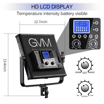 LED Video Light GVM 672S CRI97+ TLCI97+ 22000lux Dimmable Bi-color 3200K-5600K Light Panel With Digital Display For Outdoor Interview Studio Video Making Photography Lighting 3 pcs Kit