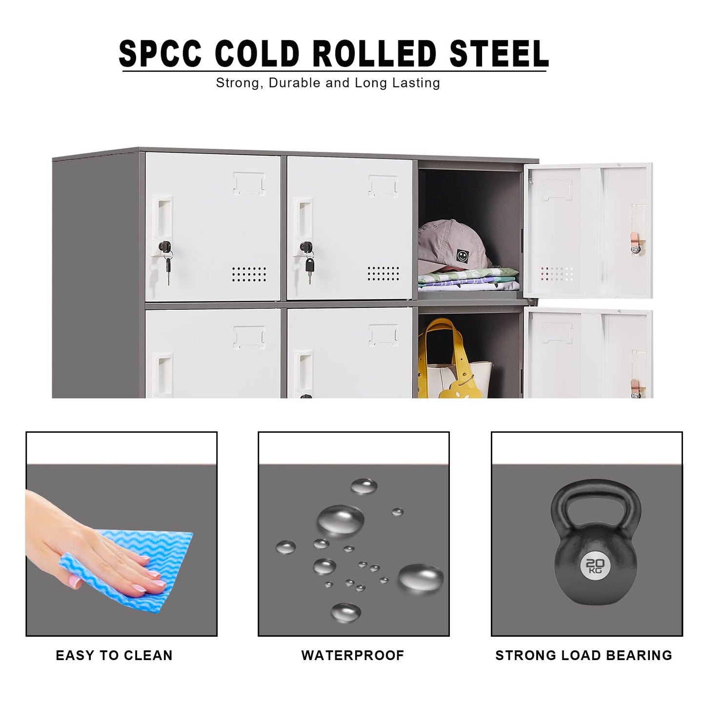 FURSTEL Student Locker Organizer, Multi-Door Steel Locker, Small Locking Cabinet Storage Organizer, Office File Cabinet, Home Locker, Gym Locker, Metal Storage Locker (9 Door, Grey & White)