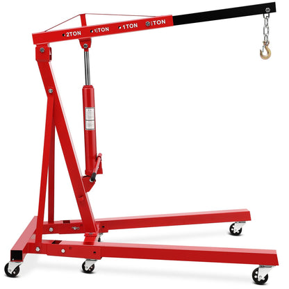 EliteEdge 2 Ton Hydraulic Engine Hoist, 4400LB Folding Cherry Picker Shop Crane Hoist Lift with 6 Casters & Telescopic Boom for Lifting Motor, Garage, Workshop and Factory, Heavy Duty, Red
