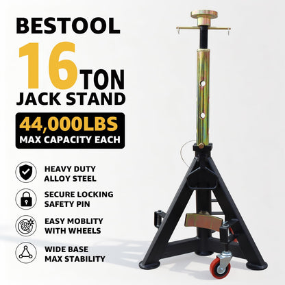 BESTOOL 16 Ton Heavy Duty Jack Stands Pair – 35,000 lbs Rated Capacity, Adjustable 26" to 40.9", Rolling Design for Trucks, Trailers, Tractors & Heavy Equipment