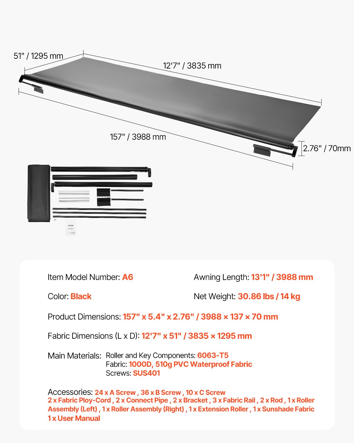 VEVOR Rv Slide Topper, 13'1" (12'7") Weatherproof Awning for RV Slide with Thicker Bracket, Heavy Duty Slide Topper Awning Fit for RV & Motorhome (Black)