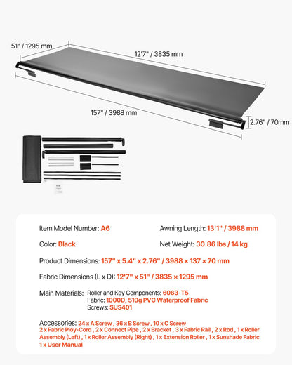 VEVOR Rv Slide Topper, 13'1" (12'7") Weatherproof Awning for RV Slide with Thicker Bracket, Heavy Duty Slide Topper Awning Fit for RV & Motorhome (Black)
