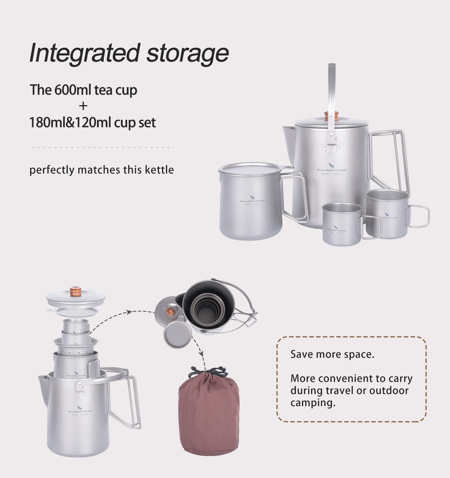 Boundless Voyage Titanium Camping Coffee Pot 1500ml Barista Kettle for Making Coffee, Boiling Water - Outdoor Traveling Campfire Stovetop Fast Brew (Kettle+3 Cups Set)