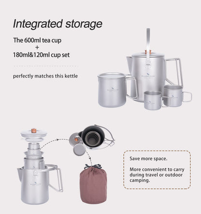 Boundless Voyage Titanium Camping Coffee Pot 1500ml Barista Kettle for Making Coffee, Boiling Water - Outdoor Traveling Campfire Stovetop Fast Brew (Kettle+3 Cups Set)