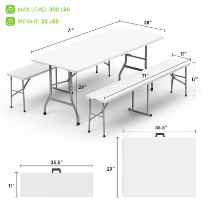 HLPB Folding Table Picnic Table Set, 6 ft Camping Table with 2 Benches, Outdoor Indoor Portable Folding Furniture for Working Meeting Party, Camping, Picnic, Weddings w/Handle and Safety Locks, White