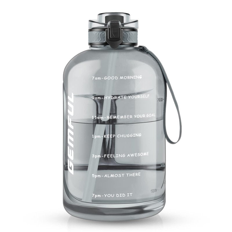 GEMFUL 3 Liter Water Bottle with Straw Time Marker Large 101oz BPA-Free Leakproof Jug for Gym Sports Hiking Motivational Tracking for Men Women (Grey with Removable Straw)
