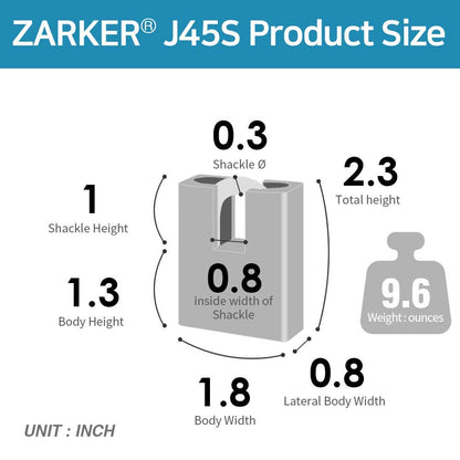 Zarker J45S keyed Padlock, Heavy Duty Stainless Steel Shackle Lock, 3 Keys, Waterproof and Rustproof Storage, Warehouses, Garage, Outdoors, 1-Pack