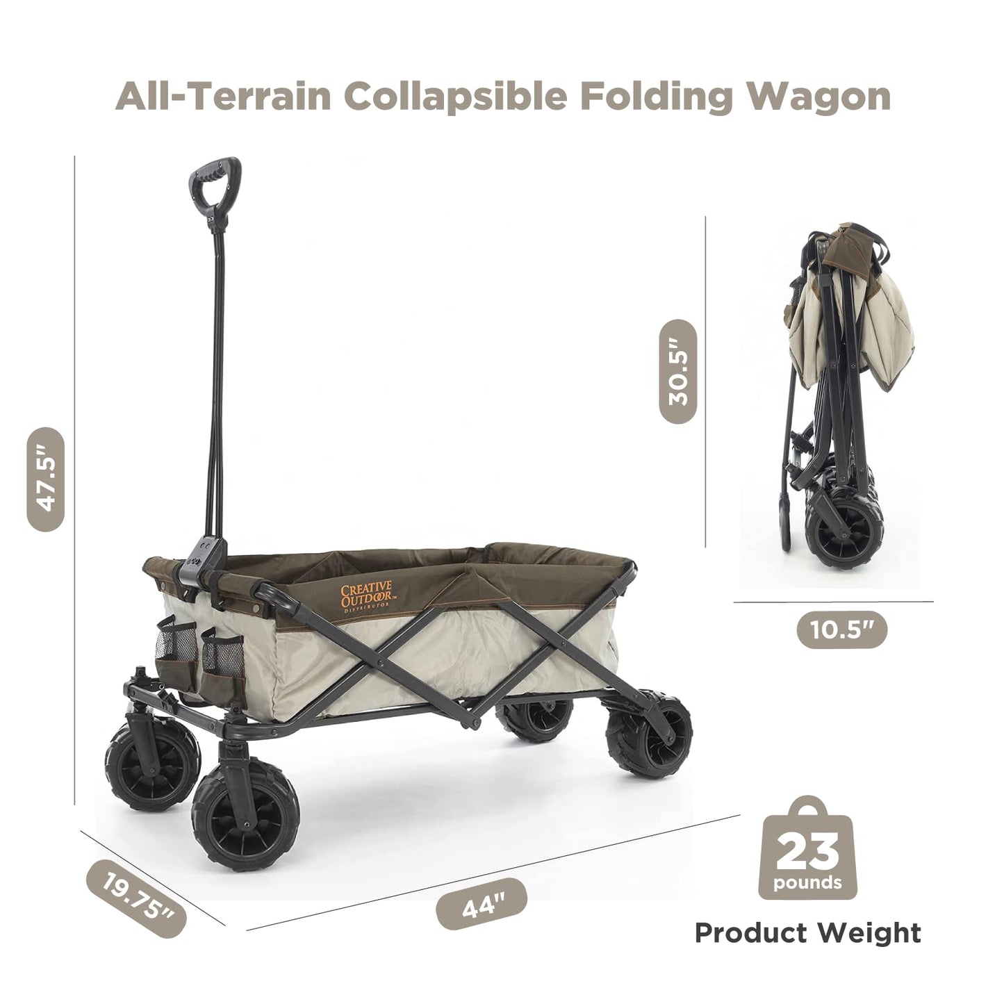 Creative Outdoor Push Pull Collapsible Stroller Folding Cart for Kids and Pets, Suppors upto 150lbs Weight Capacity | Durable Rubber Wheels | All Terrain | Zip-Off Side Pockets & Flap | (Brown/Orange)