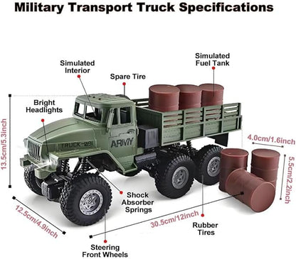 GoolRC RC Military Truck 1:16 Scale 6WD Remote Control Car 2.4GHz Off-Road RC Truck with LED Light and 2 Batteries All Terrain Army Transport Vehicle for Adults