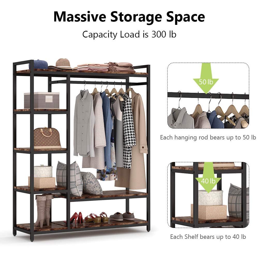 LITTLE TREE Free Standing Wood Closet Clothes Rack,Heavy Duty Grament Rack with Shelves,Hanging Racks for Clothes Clothing Rack for Bedrom,Wardrobe Closet Organizer,350 lb Capacity,Rustic