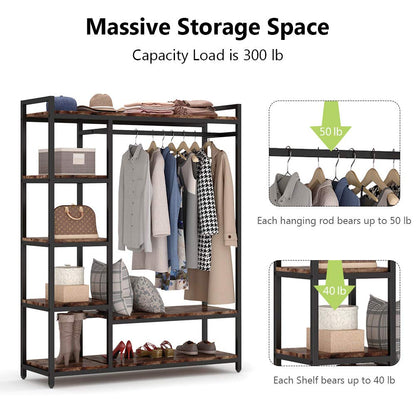 LITTLE TREE Free Standing Wood Closet Clothes Rack,Heavy Duty Grament Rack with Shelves,Hanging Racks for Clothes Clothing Rack for Bedrom,Wardrobe Closet Organizer,350 lb Capacity,Rustic