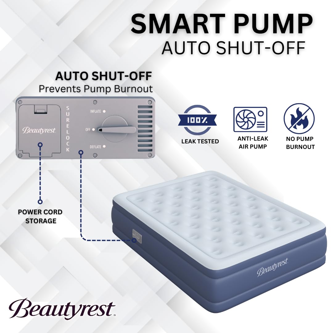 Beautyrest Supreme Air, Full Size Air Mattress with Built-in Pump, Raised Inflatable Bed for Adults, Puncture-Resistant Vinyl, Auto Shut-Off, 650lb Support, Guest Bed, Camping Airbed, 3-Year Warranty