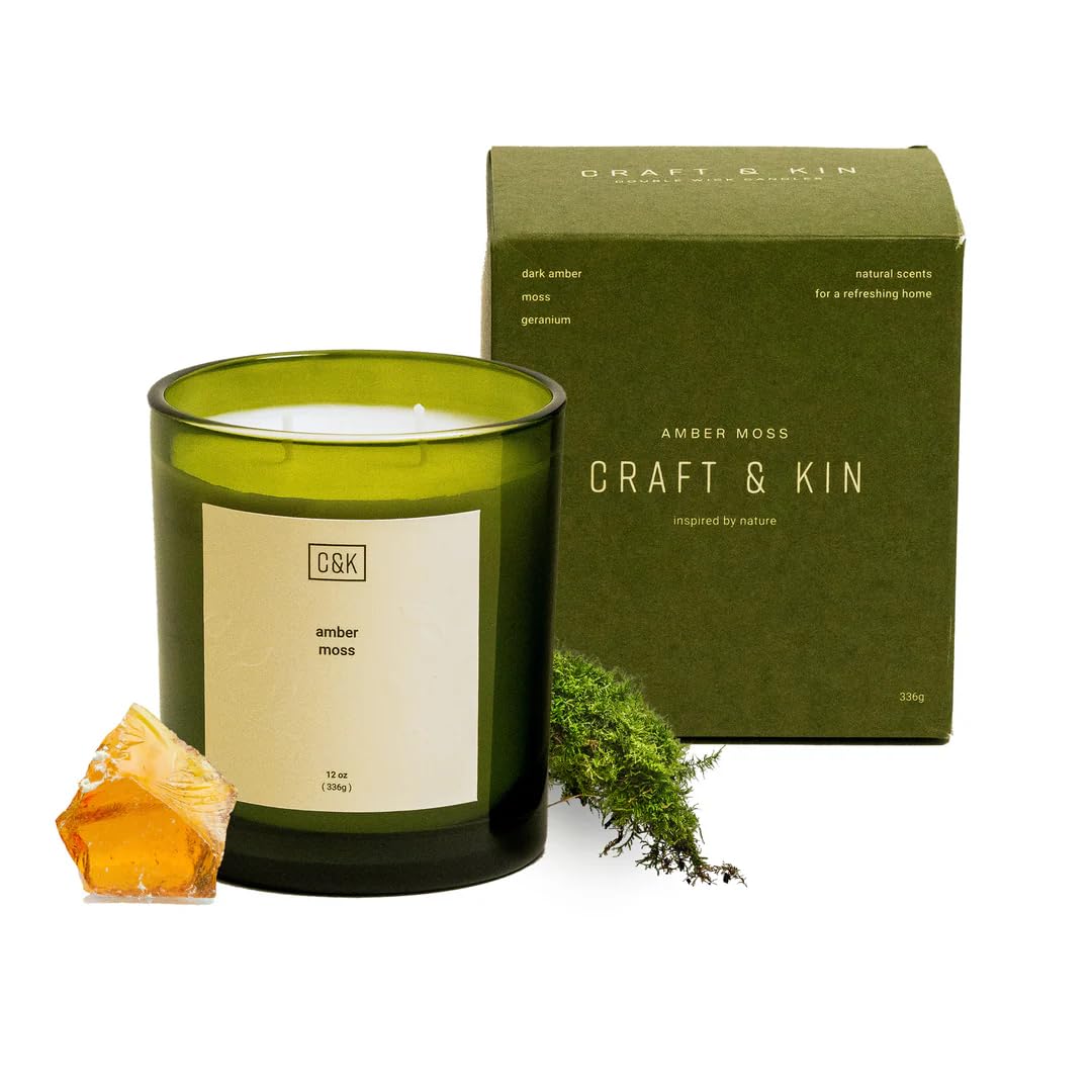 Craft & Kin 12oz Amber Moss Candle for Home | Premium Green Winter Scented Candles for Men | Made with Natural Soy | Holiday Candles Gifts for Men and Women | Nature Collection