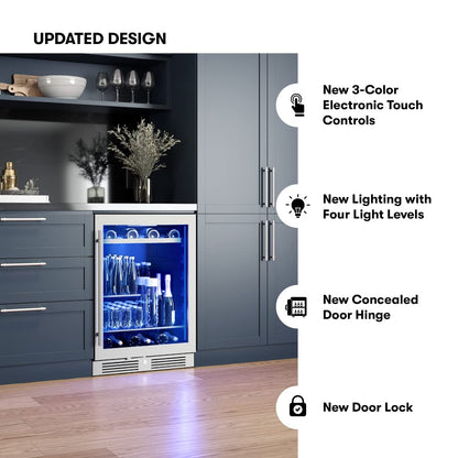 Zephyr Presrv 24 Inch Beverage and Wine Fridge Single Zone Under Counter, Built-in Drink Refrigerator, 7 Bottles, 108 x12oz Cans
