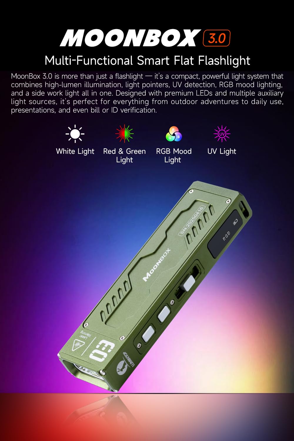 MoonBox 3.0 Multi-Functional Flashlight with 1200 Lumens, UV Detection, RGB Mood Light, Side Work Light, USB-C Rechargeable, IPX6 Waterproof, Compact Flat Design for EDC & Outdoor Adventures