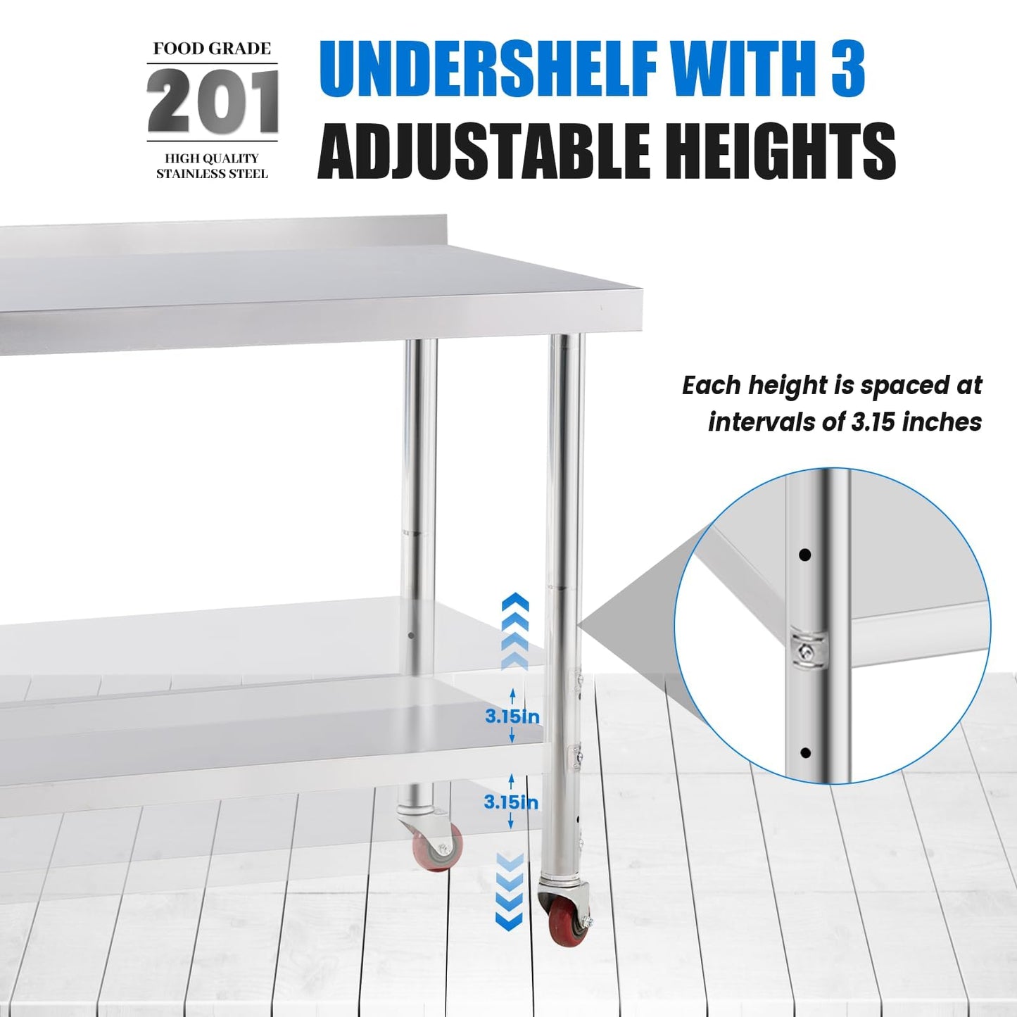 KUARBARR Stainless Steel Table for Prep & Work with 4 Caster Wheels with Backsplash 24 x 30 NSF Metal Commercial Kitchen Adjustable Under Shelf Worktable for Restaurant Home Outdoor