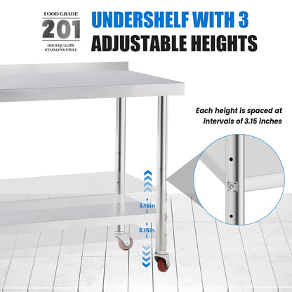 KUARBARR Stainless Steel Table for Prep & Work with 4 Caster Wheels with Backsplash 24 x 30 NSF Metal Commercial Kitchen Adjustable Under Shelf Worktable for Restaurant Home Outdoor