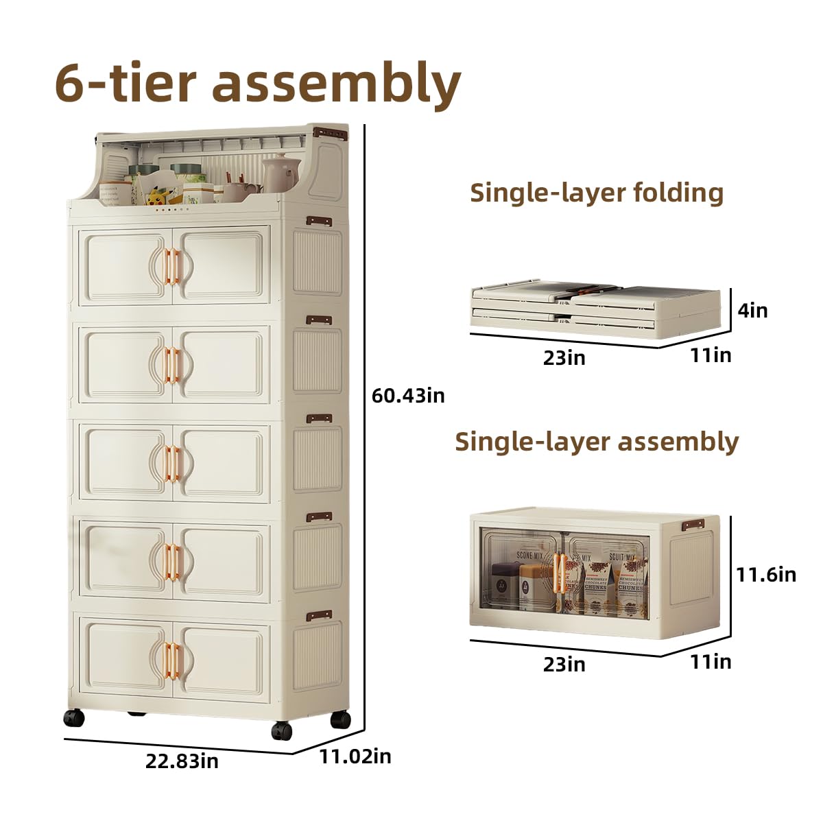 260QT Stackable Storage Bins with Lids & Rack, 6 Tier Large Capacity Foldable Storage Cabinet, Clear Collapsible Pantry Organizer for Home, Kitchen, Bathroom, Dorm, Office, White