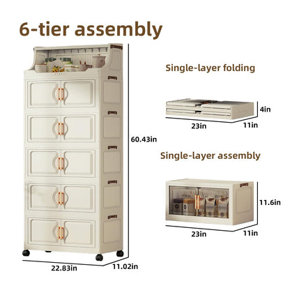 260QT Stackable Storage Bins with Lids & Rack, 6 Tier Large Capacity Foldable Storage Cabinet, Clear Collapsible Pantry Organizer for Home, Kitchen, Bathroom, Dorm, Office, White