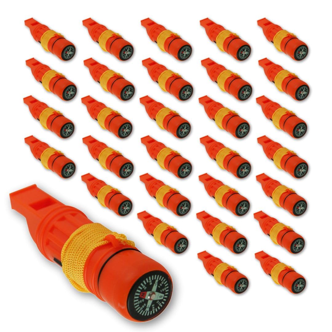 Emergency Zone 5 in 1 Survival Whistle. Compass, Whistle, Water-Resistant Container, Signal Mirror, Ferro Rod. Available in 1, 3, 30, and 300 Pack. (30)