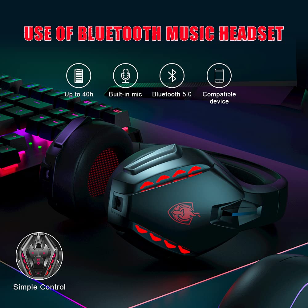PHOINIKAS PS5 Gaming Headset for PS4, PC, Switch, Q10 Xbox One Headset with Stereo Sound, Detachable Mic, Wireless Bluetooth 5.3 Headphone only for Laptop/Phone/Tablet, 40H Plyatime (Red)