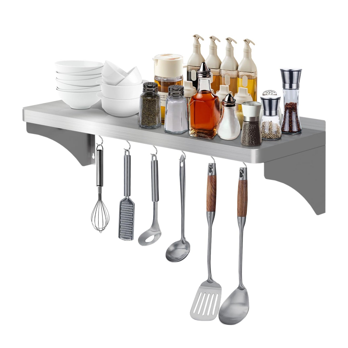 VENFAN Commercial Stainless Steel Shelf 36" x 12" - 250lb Load Capacity, Heavy Duty Stainless Steel Wall Mounted Kitchen Shelf with Backsplash & 6 Hooks for Restaurant, Laundry