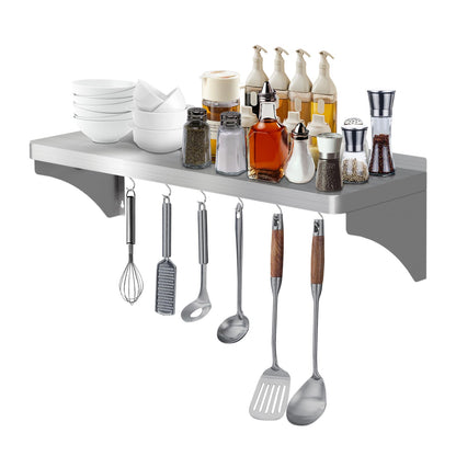 VENFAN Commercial Stainless Steel Shelf 36" x 12" - 250lb Load Capacity, Heavy Duty Stainless Steel Wall Mounted Kitchen Shelf with Backsplash & 6 Hooks for Restaurant, Laundry