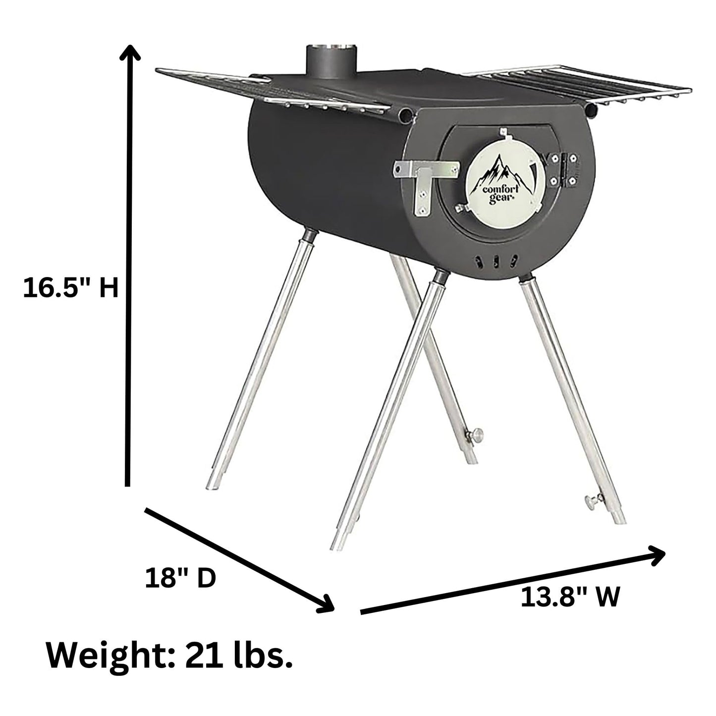 Comfort Gear 18" Outfitter Camp Stove – Heavy-Duty Lightweight Steel, Fits 16.5" Logs, XL Cooking Surface, Drying Rack, Adjustable Damper, Carry Bag, 1-YEAR Warranty