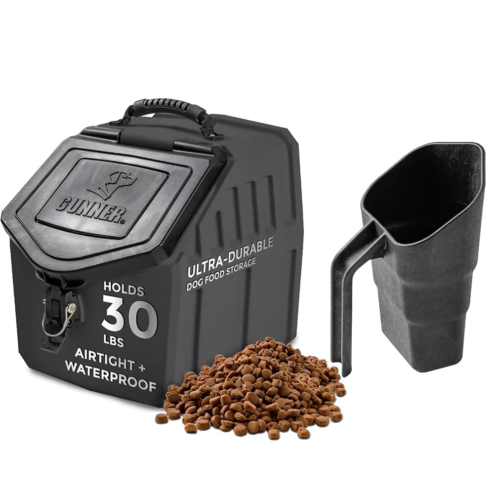 GUNNER 30 lbs Black Dog Food Storage Container with Measuring Scoop – Waterproof & Airtight Pet Food Bin for Dry Food, Corn, Chicken Feed, Bird Seed & Treats – 3 Cup Ergonomic Scooper with Markers