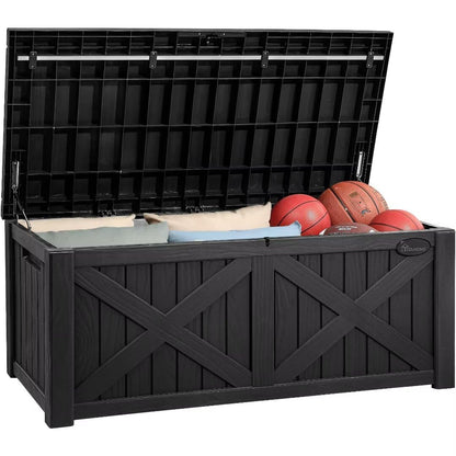 YITAHOME 150 Gallon Large Deck Box with X-Shaped Front, Resin Outdoor Storage Boxes, Waterproof Cushion Storage Bench for Patio, Pool Supplies, Garden Tools - Lockable, Black