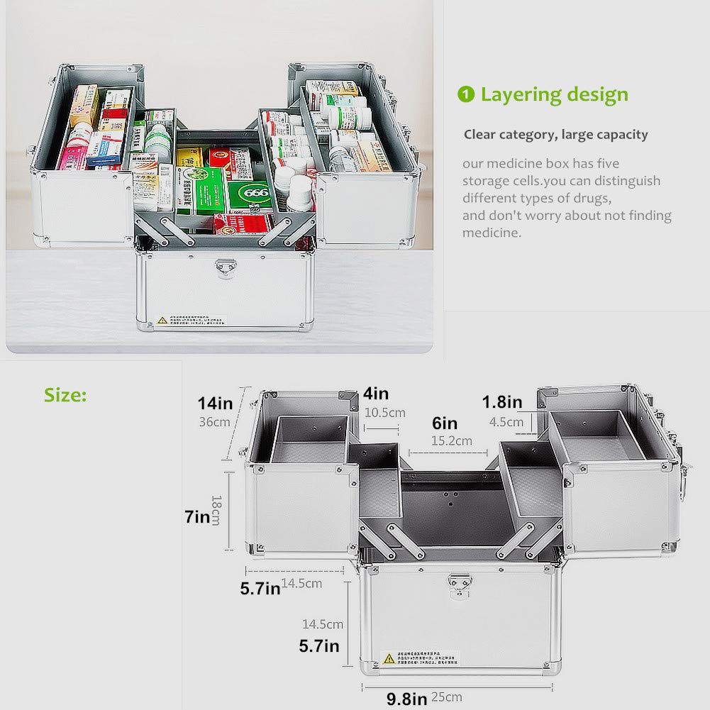 Nurth First Aid Kit Lockable First Aid Box Security Lock Medicine Storage Box with Portable Handle,Medication Lock Box 3 Tier Design/Precription Storage Box Large Space 14 × 9.8 × 11inch (Silver)