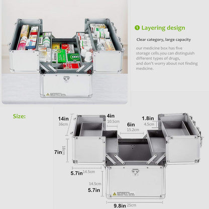Nurth First Aid Kit Lockable First Aid Box Security Lock Medicine Storage Box with Portable Handle,Medication Lock Box 3 Tier Design/Precription Storage Box Large Space 14 × 9.8 × 11inch (Silver)