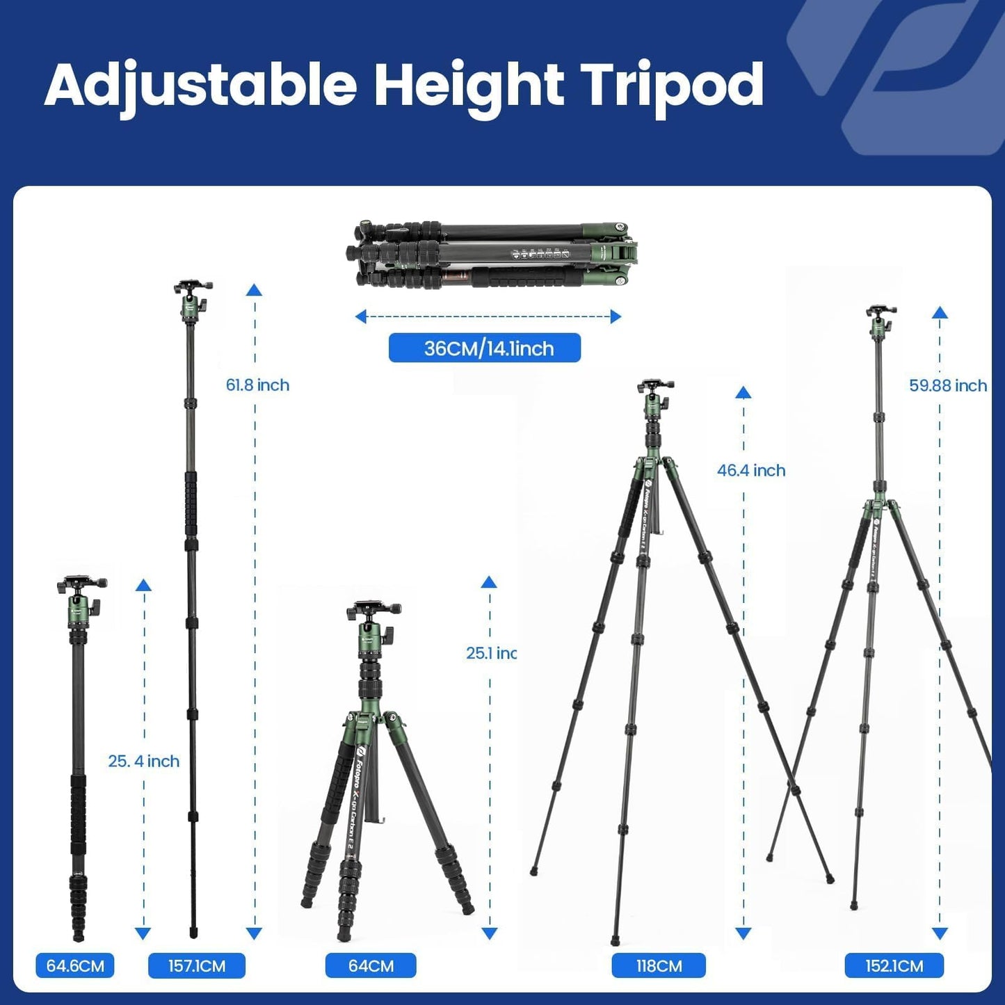 Fotopro 62" Carbon Fiber Travel Tripod, Lightweight Compact Camera Tripod with 360 Degree Ball Head, Detachable Monopod with Arca-Swiss QR Plate and Bag, Load up to 8KG/17.63lbs, Weighs only 2lb