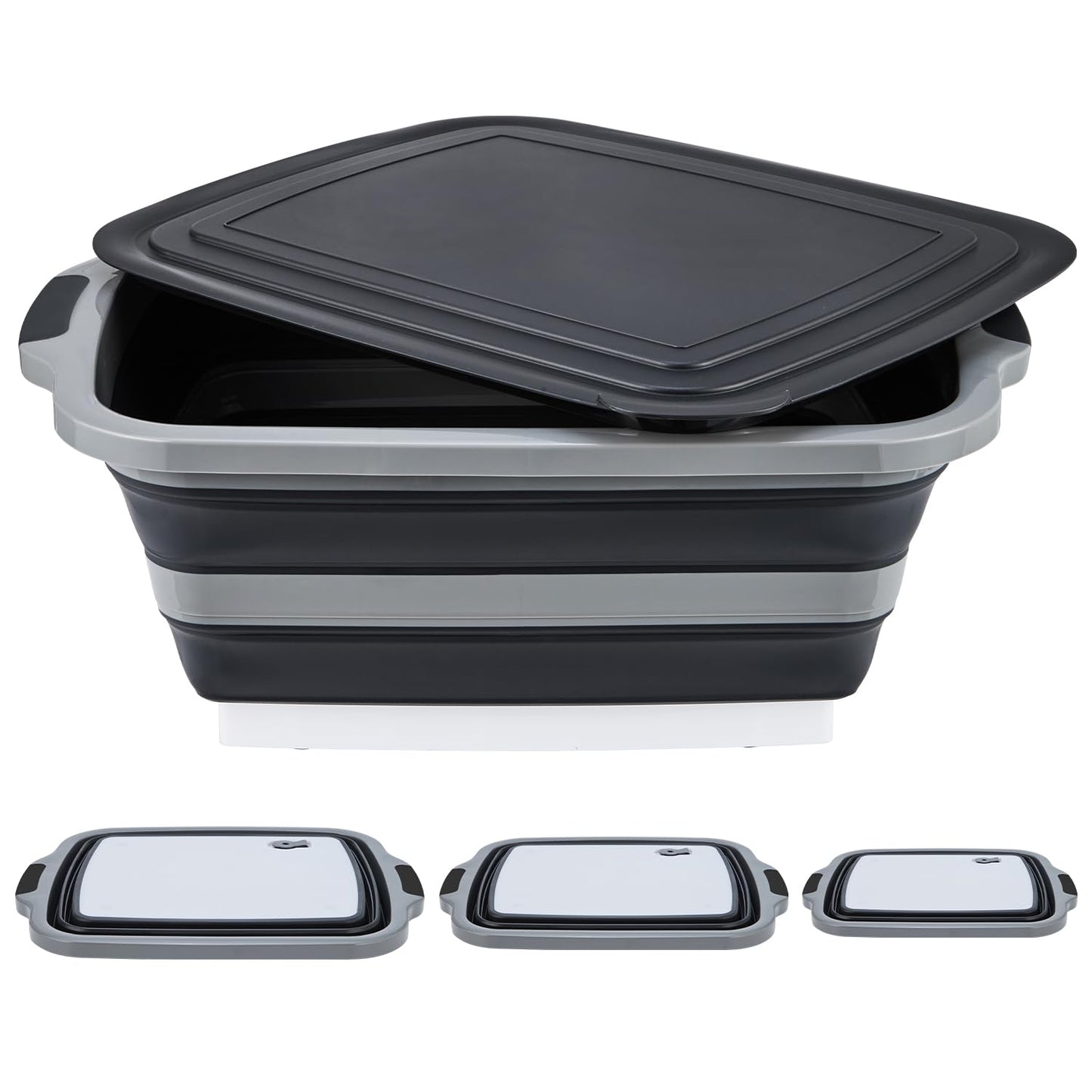 TANOSHII 3-Piece Collapsible BBQ Prep Tubs with Lids and Built-in Cutting Board – For Meal Prep Marinating Food Storage&Washing – Picnic Camping – Set of 3 – (1) Medium + (1) L + (1) XL – Black