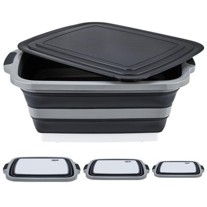 TANOSHII 3-Piece Collapsible BBQ Prep Tubs with Lids and Built-in Cutting Board – For Meal Prep Marinating Food Storage&Washing – Picnic Camping – Set of 3 – (1) Medium + (1) L + (1) XL – Black